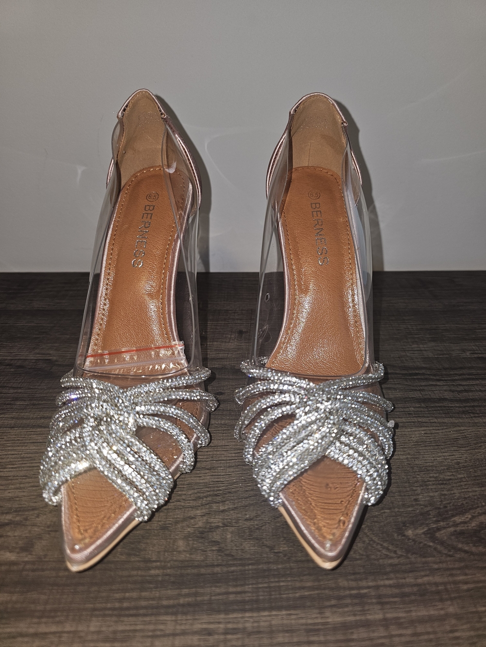 Worn Once - Berness Clear Pointed Toe Heels with Silver Crystal Straps